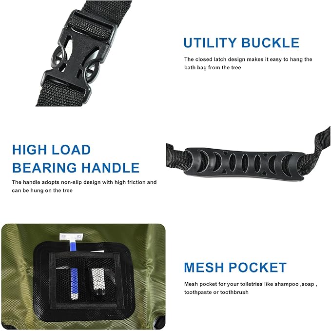 Camping Shower Bag, Solar Shower Bag 5-Gallon with Detachable Hose, Retractable Head Switch - Portable Shower for Camping Suitable for Camping, Hiking, Travel, Beach Swimming