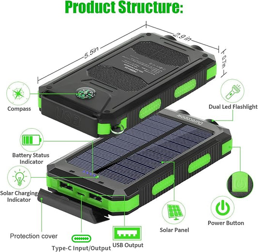 Solar Charger Power Bank, 20000mAh Portable Outdoor Waterproof Solar Battery Charger, Camping External Backup Battery Pack USB C Ports Input/Output, 2 Led Light Flashlight with Compass (Green)