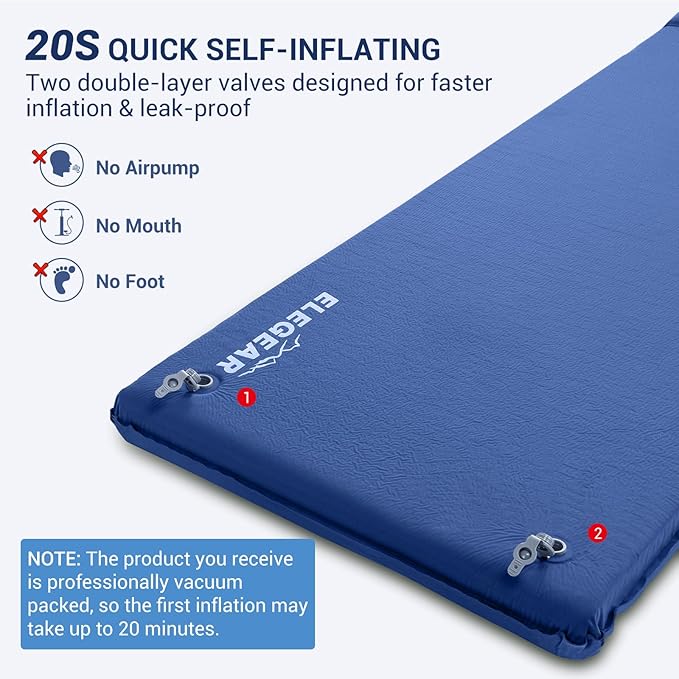 Elegear Self Inflating Sleeping Pad, 3.15" Ultra-Thick Memory Foam Camping Pad with Pillow Fast Inflating in 20s Insulated Camping Mattress Pad 4-Season Camp Sleeping Mat for Camp/Travel/Car/Tent