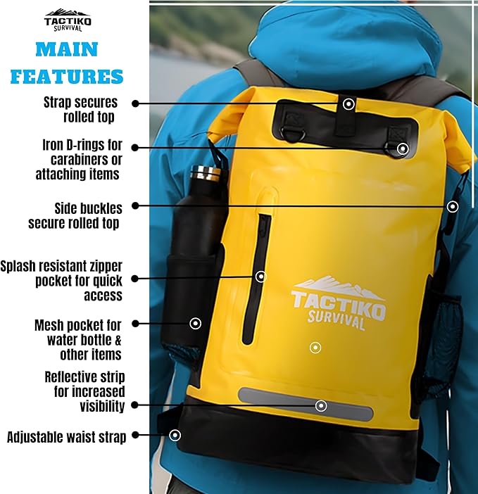TACTIKO 30L Heavy-Duty 100% Waterproof Backpack, Roll Top Dry Bags for Kayaking, Hiking, Camping, Survival
