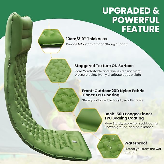 iNeibo Camping Sleeping Pad, Ultralight Inflating Mattress With Pillow & Foot Pump, Ultra-Thick Enhanced Support for Hiking, Backpacking, Tent, Car Traveling