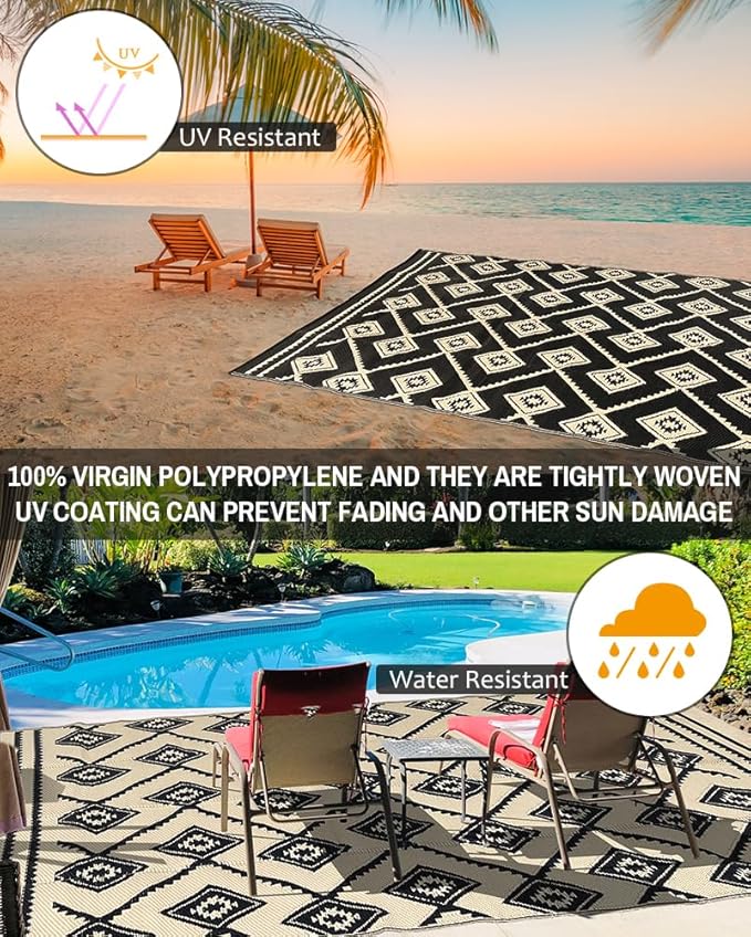 LILIOFFIC Outdoor Rugs - Reversible Mats, 5'x8' Plastic Straw Rug for Patio Clearance Waterproof, Indoor Outdoor Area Rug Carpet for Outside, RV, Deck, Picnic, Beach, Trailer, Camping(Black & Beige)
