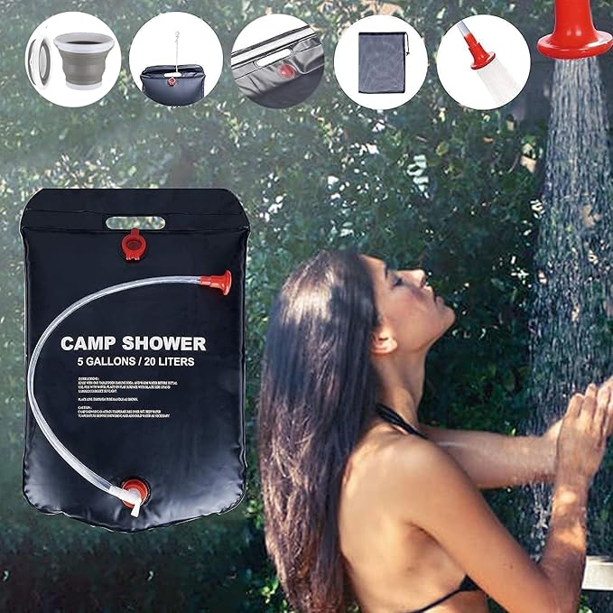 Portable Shower for Camping, Outdoor Camping Shower Bag 5 Gallon/20L, Waterproof Shower Bag with Collapsible Water Bucket, Shower Kit for Hiking, Car Travel, Picnic, Climb, Beach Trips