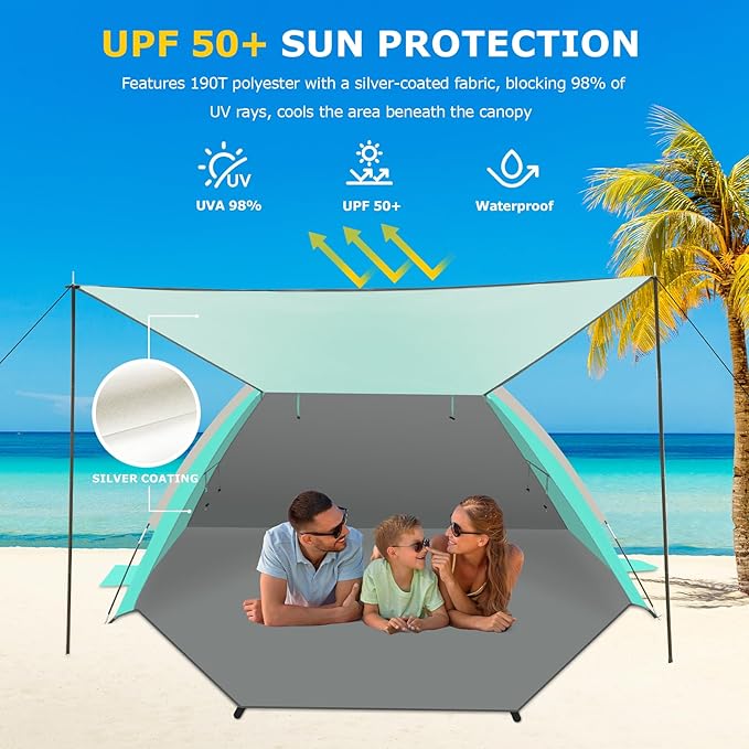 Gorich Beach Tent with Canopy - Easy Setup 3-8 Person Portable Sun Shelter, UPF 50+ UV Protection Sun Shade, Lightweight & Compact Beach Cabana for Family Travel
