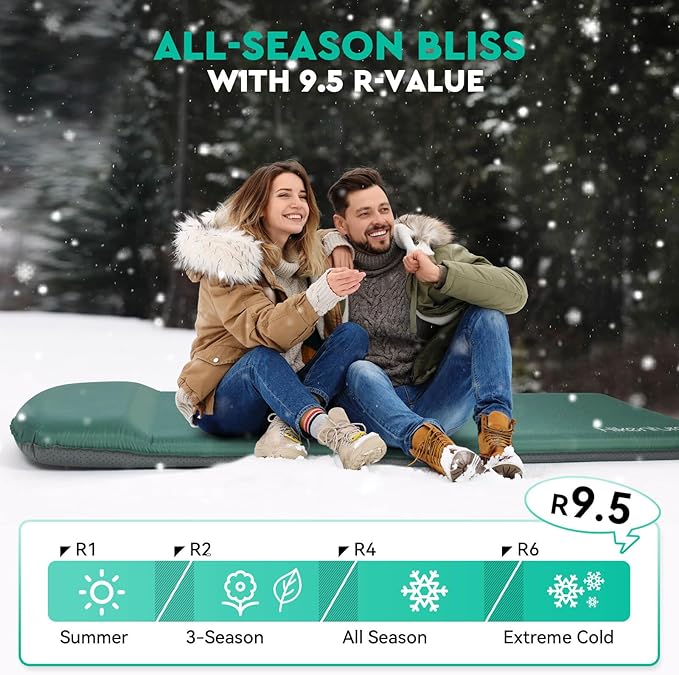 Hikenture Self Inflating Sleeping Pad for Camping, 3'' Ultra Thick Camping Pad with Pillow, 9.5 R-Value Insulated Camping Mattress, 4-Season Inflatable Foam Camping Mat for Car, Tent, Cot