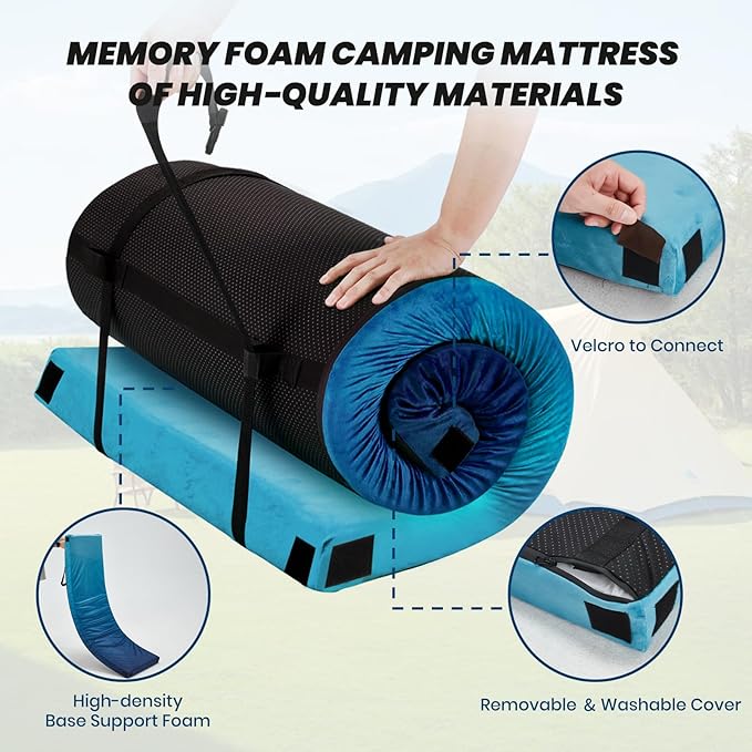 Memory Foam Camping Pad, Camping Sleeping Pad, Camping Mattress Pad with Pillow & Travel Bag, Portable Floor Mat Roll Up for Guest Adults Side Sleepers Indoor Outdoor Travel