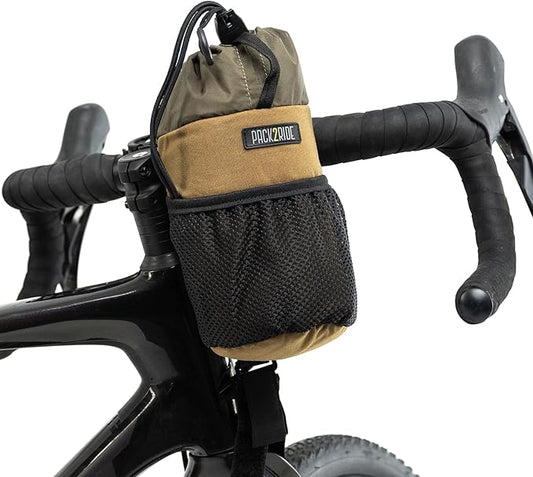 Bongo Bike Handlebar Bag - Water Resistant & Durable Fabric Bicycle Water Bottle Holder, Secure Attachment Bikepacking Stem Bag, Front Biking Storage, Bike Organizer for Cycling - Coyote