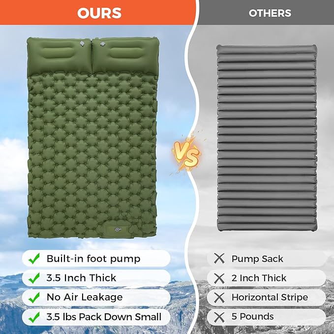 KingCamp Sleeping Pad for Camping, Inflatable Sleeping Pad Ultralight Connectable Camping Mattress with Pillow Built-in Foot Pump for Backpacking Hiking Tent Cot