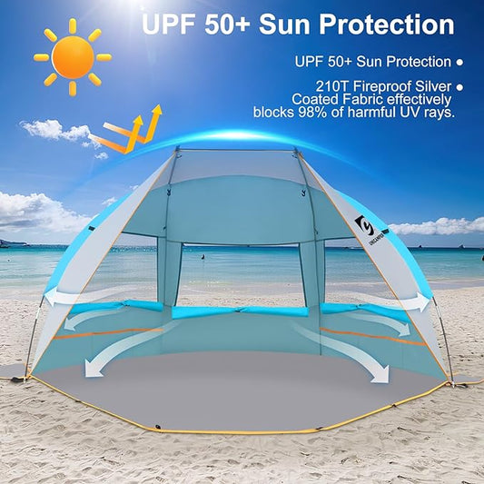 Beach Tent 2-3 Person Sun Shelter UPF 50+ with Extended Waterproof Pe Floor & 3 Mesh Roll Up Windows Fits, Portable Beach Shade Easy Setup for Outdoor Camping, Indoor, Fishing, Yard. (Blue)