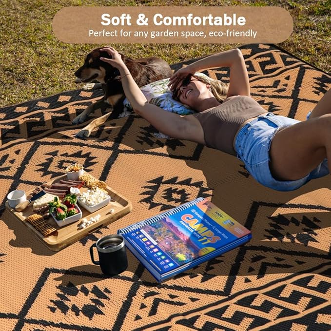 LILIOFFIC Outdoor Rugs - Reversible Mats, 5'x8' Plastic Straw Rug for Patio Clearance Waterproof, Indoor Outdoor Area Rug Carpet for Outside, RV, Deck, Picnic, Beach, Trailer, Camping, Black & Brown