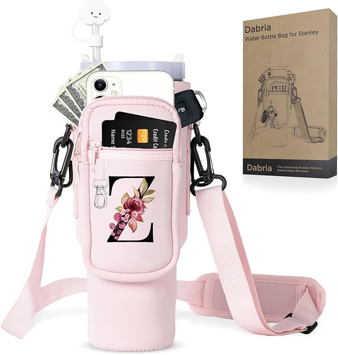 dabria Initial A-Z Water Bottle Bag with Phone Pocket for Stanley 40 oz Tumbler Neoprene Water Bottle Holder Pouch with Adjustable Strap Bollus with Straw Cover & Carabiner for Stanley Cup Accessories