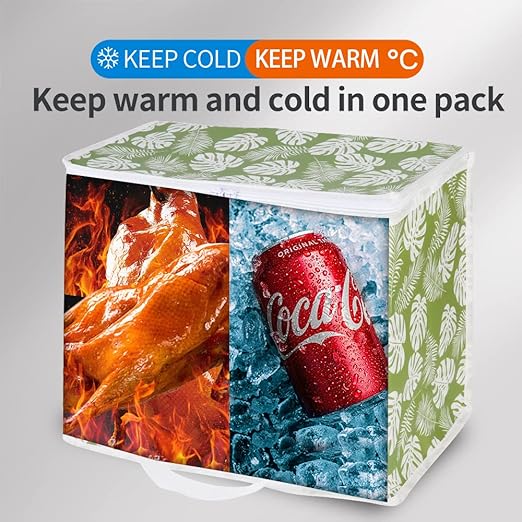 Bodaon 3-Pack Insulated Reusable Grocery Shopping Bags, X-Large Picnic Cooler Bag with Zipper Zippered Top Cold, Green-Leaf