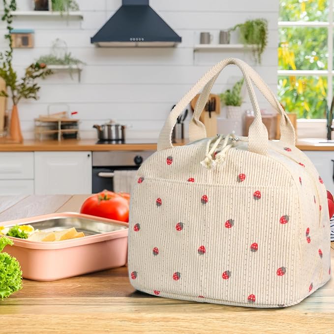 Lunch Bag, Beige Corduroy with Strawberry Pattern, Insulated Thermal Tote, Portable and Reusable Cooler for School or Work, 8.5L