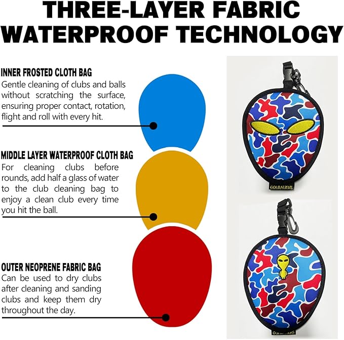 Golf Club Cleaner & Ball Cleaning Bag,Original Three-Layer Fabric Waterproof Technology,Golfer's Ultimate Green Clean Scrub Equipment Accessories,Removable Clips to Support Machine Washing