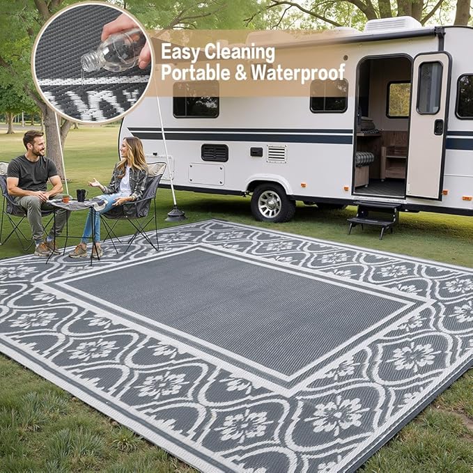 Plastic Outdoor Rug 6'x9' Waterproof Camping Carpet Outside Area Rug Reversible Grey Rugs for RV Deck Entryance Porch Picnic Balcony Beach