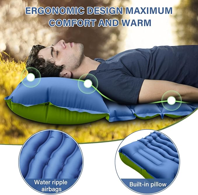 Camping Sleeping Pad, Ultralight Inflatable Sleeping Mat with Built-in Foot Pump & Pillow, Compact Air Mattress for Camping, Backpacking, Hiking, Tent