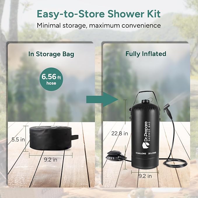 DR.PREPARE Camping Shower, 5 Gallons/20L Portable Shower with Foot Pump, Large Water Inlet, Outdoor Camp Shower Bag for Camping, Beach, Hiking, Climbing