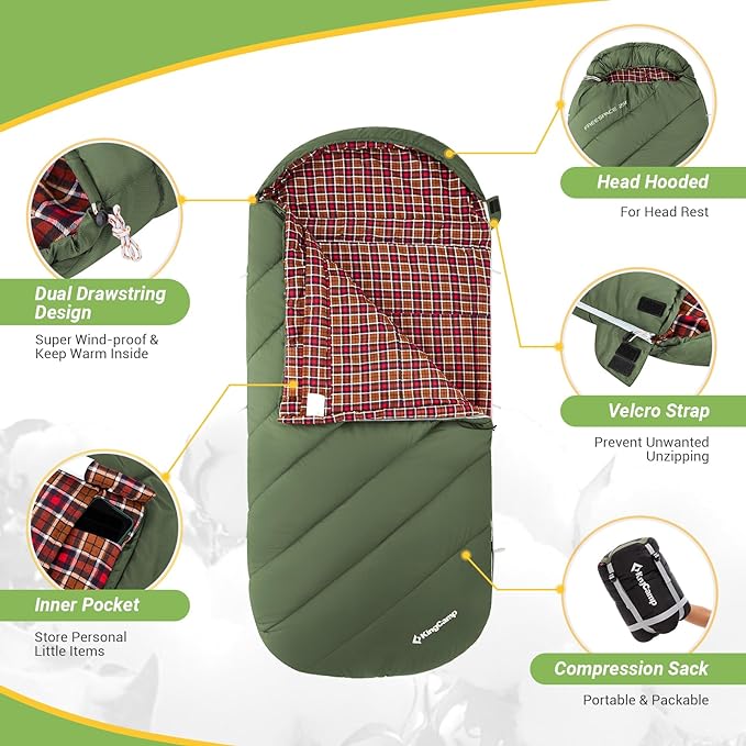 KingCamp Sleeping Bag for Adults, Cold Weather & Warm Extra Wide Big & Tall XL Portable Waterproof Flannel Sleeping Bags, Essentials Gear Accessories for Camping Backpacking Hiking Indoor & Outdoor