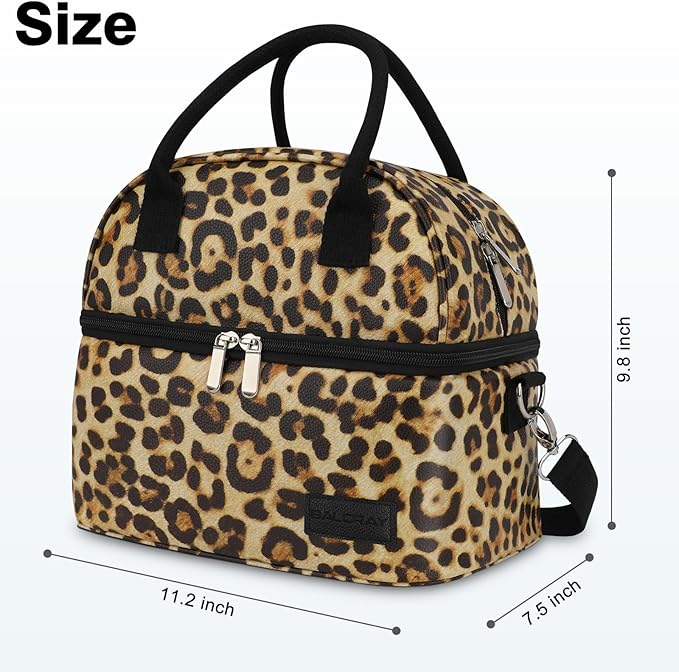 BALORAY Lunch Bag for Women Men, Double Deck Lunch Box for Adults, PU Leather Lunch Tote Bag Insulated Lunch Bags with Strap for Work Office Picnic