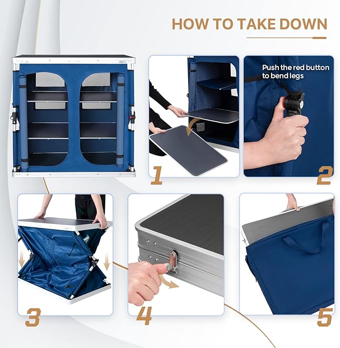 EAGLE PEAK Double Outdoor Folding Camping Table with Large 3-Tier Storage Organizer and Side Pockets, Easy Set Up Portable Aluminum Camping Kitchen, Blue