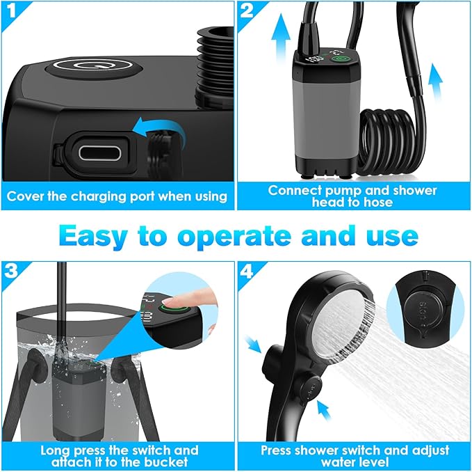Portable Shower, Portable Shower for Camping with 5 Gallon Collapsible Bucket, 6000mAH Camping Shower with Smart LED Display, Multiple Spray Patterns for Outdoor Camping, Hiking, Pet Bathing