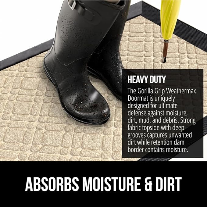 GORILLA GRIP 100% Waterproof All-Season WeatherMax Doormat, 23x35, Durable Natural Rubber, Stain and Fade Resistant, Low Profile, Indoor Outdoor Door Mats, Easy Clean Patio Entrance Mat, Modern Latte