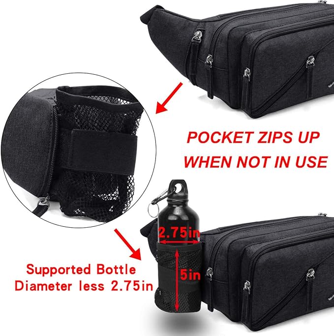 Fanny Pack Waterproof Waist Bag Pack Men Women Hip Bum Bag With Water Bottle Holder Adjustable Strap Suitable For Outdoors Workout Traveling Hiking Cycling Dog Walking Pouch Bag(black)