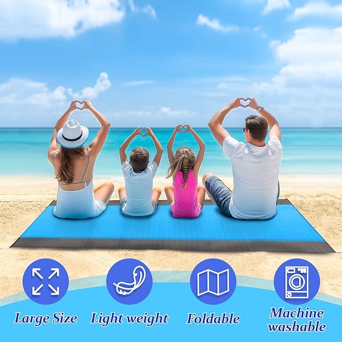 Large Beach Blanket Sandproof - 1PCS Beach Mat Picnic Blanket for Holiday Traval Beach Vacation Picnic Camping Hiking Lightweight with 4 Metal Stakes 1 Drawstring Pocket and 1 Carabiner