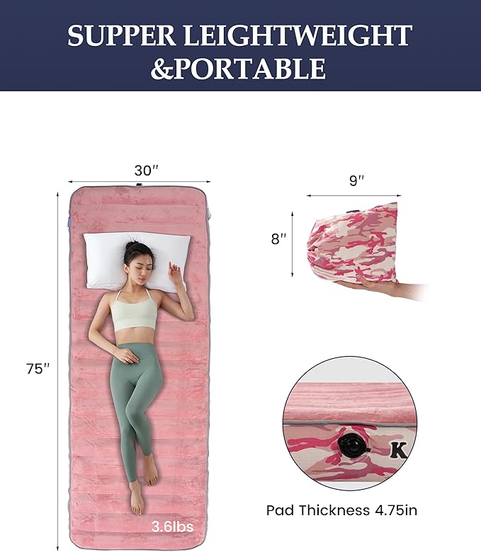 Inflatable Sleeping Pad for Camping, Extra-Thick 4.75 Inch Air Mattress with Soft Cotton Top, Machine Washable, Family Lightweight 4-Season Pad for Camping, Traveling & Hiking, Pink