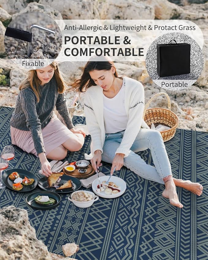 MontVoo Outdoor Rug Carpet Waterproof 6x9 Outdoor Patio Rug Mat Reverisble Plastic Straw Outdoor Rug for RV Camping Picnic Beach Balcony Boho Blue Green