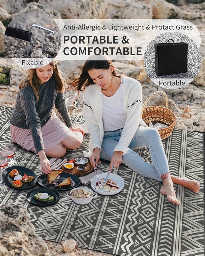 MontVoo-Outdoor Rug Waterproof 6x9 ft Outdoor Carpet Patio Rug Mat Reversible RV Camping Rug-Plastic Straw Rug Outside Outdoor Area Rug for Patio Deck Balcony Backyard Picnic Beach -Boho Grey