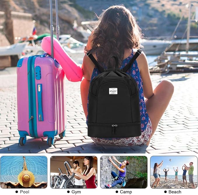 Dry Wet Drawstring Backpack with Shoe Compartment for Women Adjustable Gym Bag