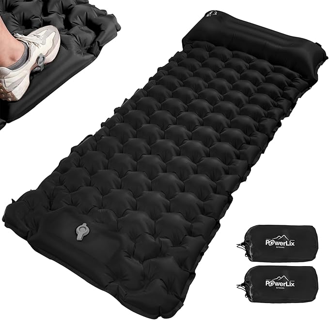 POWERLIX Camping Sleeping Pad 2 Pack, Foot Pump Sleeping Pad with Built in Pillow, Inflatable Camping Mat, Lightweight Compact Air Mattress Pad for Backpacking Hiking Travelling