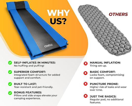 Foxelli Self Inflating Sleeping Pad for Camping, Backpacking, Hiking, Insulated Foam Lightweight Camping Mat, Inflatable Camp Mattress with Pillow