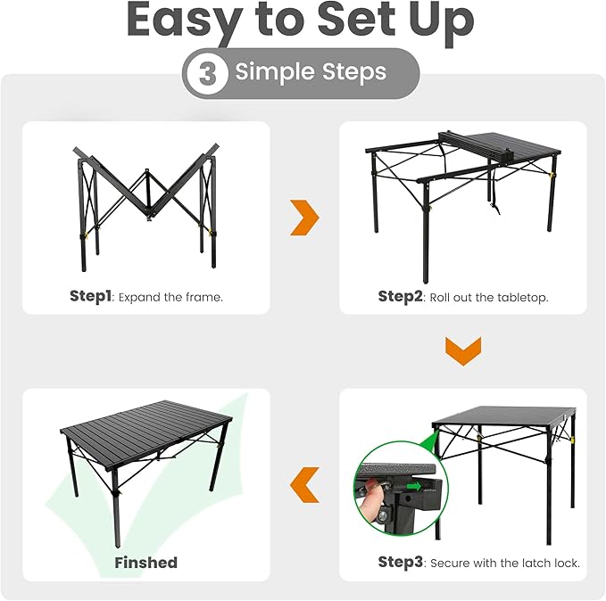 Portable Outdoor Camping Table Large for 2-6 Person - Foldable Camp Table with Aluminum Roll-Up Top & Carry Bag for BBQ, Tailgating, Backyard, 220 Lbs Capacity, Stable & Sturdy (Black)