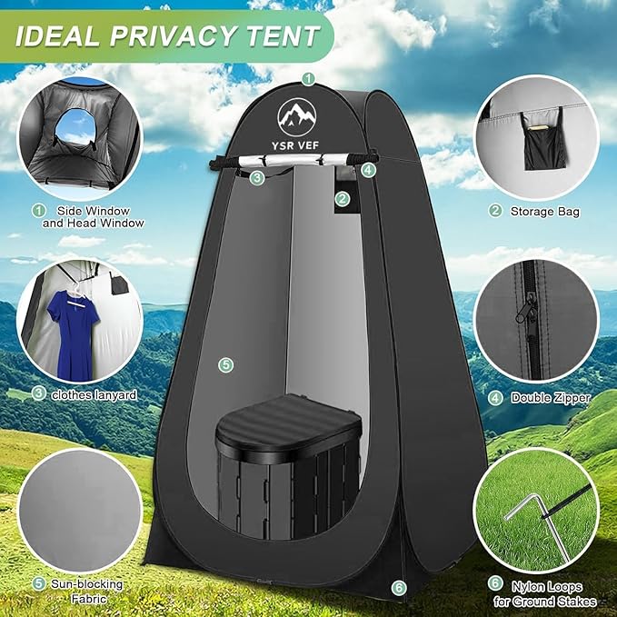 Portable Toilet Kit, Camping Toilet with Pop-Up Privacy Tent and Poo Gel Toilet Bags, Washable Portable Outdoor Showers Changing Rooms