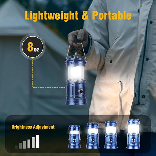 Solar Camping Lantern for Power Outages - USB Rechargeable Lamp Camping Essentials，Collapsible Portable Waterproof Solar Lights for Indoor Outdoor Emergency Light/Blue