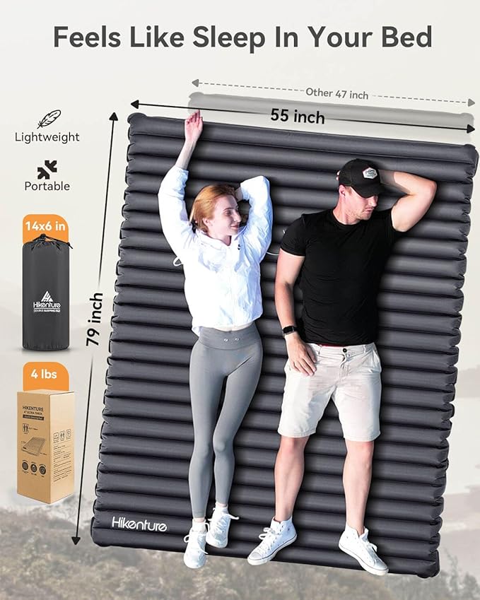 Hikenture Double Sleeping Pad for Camping, 4" Extra-Thick Camping Mattress 2 Person, Inflatable & Ultralight Sleeping Mat for Backpacking, Hiking (Grey Pumpsack, Full XL)