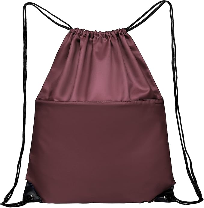 BuyAgain Drawstring Backpack Sports Water Resistant String Bag Sport Gym Sackpack for Women Men Large with Zipper, Burgundy