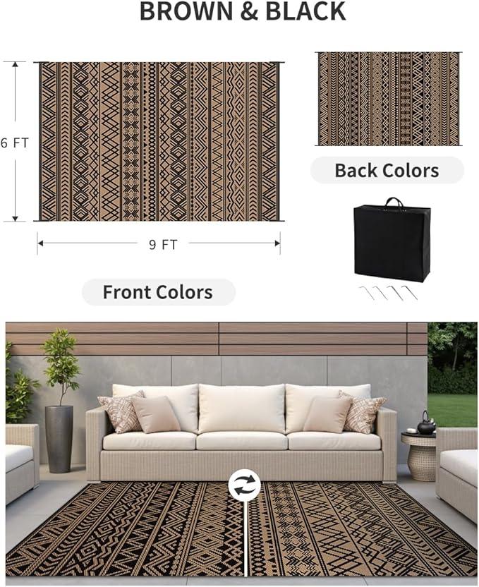 MontVoo-Outdoor Rug Carpet Waterproof 5x8 ft Reversible Patio Rug RV Camping Rug-Plastic Straw Rug Outside Indoor Outdoor Area Rug for Patio Deck Balcony Picnic Beach Outdoor Decor Boho Black Brown