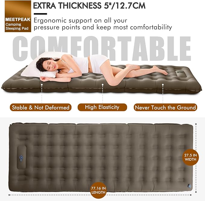 MEETPEAK Extra Thickness 5 inch Inflatable Sleeping Pad - Ultralight Compact Camping Sleeping Mat With Built-in Pump, Portable Camping Air Mattress for Tent Hiking Backpacking Traveling