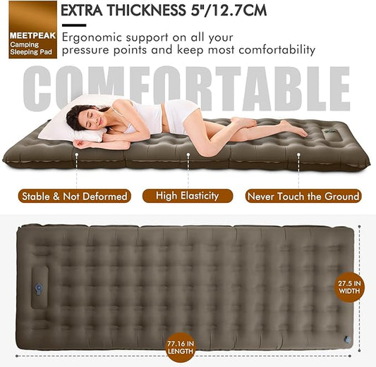 MEETPEAK Extra Thickness 5 inch Inflatable Sleeping Pad - Ultralight Compact Camping Sleeping Mat With Built-in Pump, Portable Camping Air Mattress for Tent Hiking Backpacking Traveling