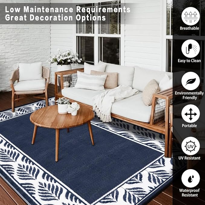 Outdoor Plastic Straw Rug, Waterproof Mat, Washable Large Floor Mat and Rug for Outdoors, RV, Beach, Patio, Camping, Backyard, Deck, Picnic, Outside (6x9ft,Olive-Leaf/Dark Blue&White)