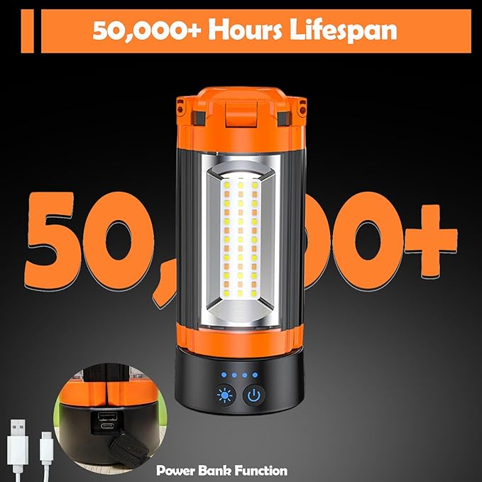 Rechargeable LED Camping Light with Detachable Tripod, 10000mAh Cordless Work Light with Adjustable 3 LED Lamp Heads, Dimmable Magnetic Lamp for Garage, Camping, Outdoor Emergencies, Orange