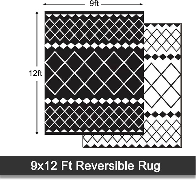 RURALITY Outdoor Rugs 9x12 for Patios Clearance,Large Waterproof Rug for Deck,Backyard,Balcony,Plastic Straw Mats for Camping,Reversible,Geometric