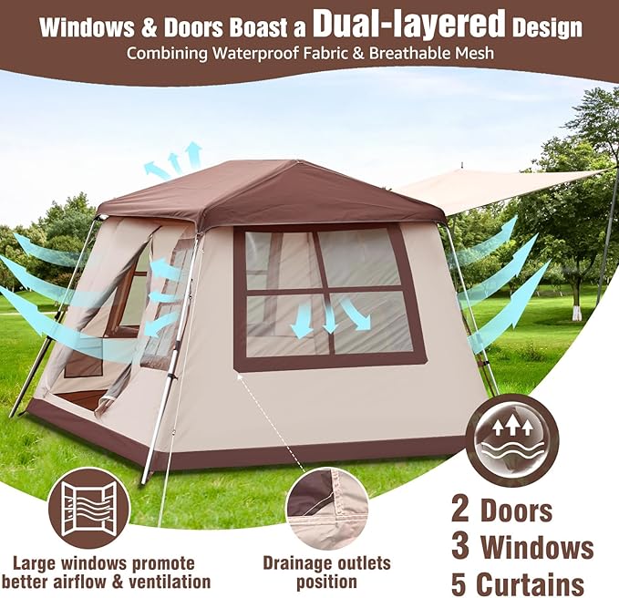 Chihee Camping Tents Freestanding Tent, Family Cabin Tent with Awning Porch 2 Doors 3 Mesh Windows Easy Instant Set up,Ultra Strong Frame Height up to 67" Spacious Great Views,Stargazing at Night