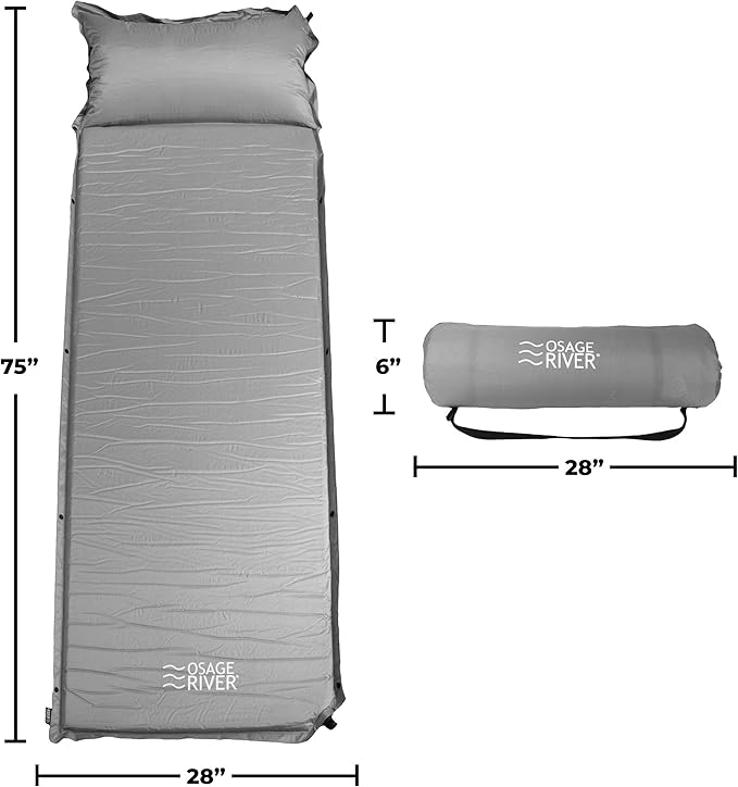 OSAGE RIVER Self Inflating Sleeping Pad with Built-in Pillow, Compact Memory Foam Sleep Mat, Camping Air Mattress for Tent, Travel, Backpacking, or Hiking