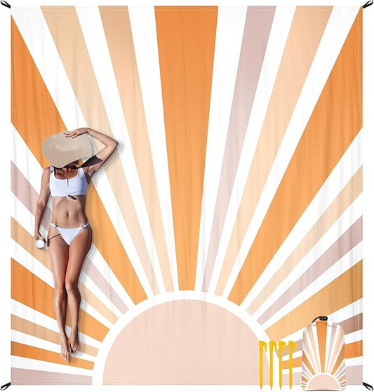 Beach Blanket Waterproof Sandproof Oversized, 9 Ft X 10 Ft Extra Large Beach Mat Sand Free Waterproof for 8 Adult, Lightweight & Compact Polyester Picnic Blankets w/Stakes & Corner Pockets-Boho Sun