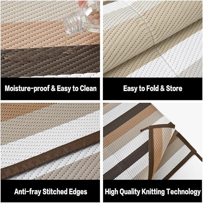 Outdoor Waterproof Rug 8'x10' Plastic Straw Rugs Washable Reversible Floor Mat Brown Stripe Carpet for Camping RV Deck Entryance Porch Picnic Balcony Beach Backyard