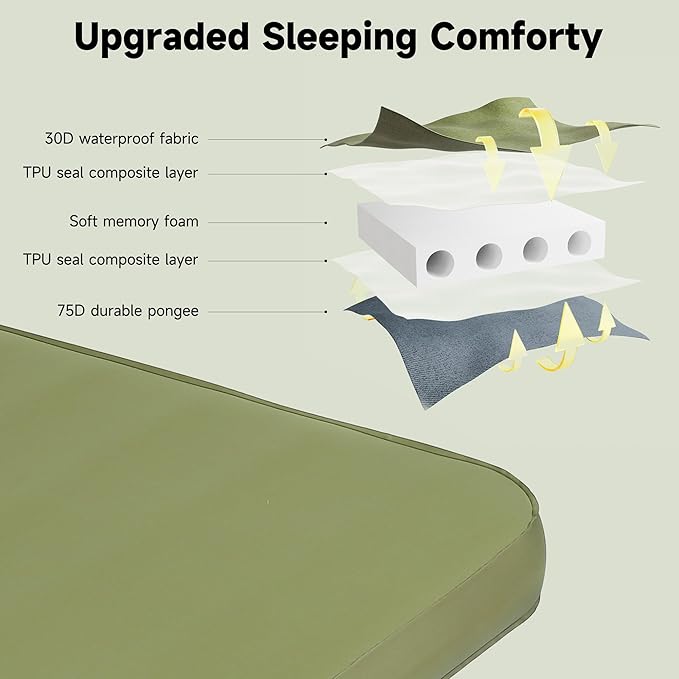 OUTSKIRT Camping Sleeping Pad, 9.5 R-Value Insulated Camping Mat, 4" Thick Self Inflating Sleeping Pad, Foam & Air Camping Mattress, Portable All Season Camping Pad for Camp/Tent/Car/Truck/Cot